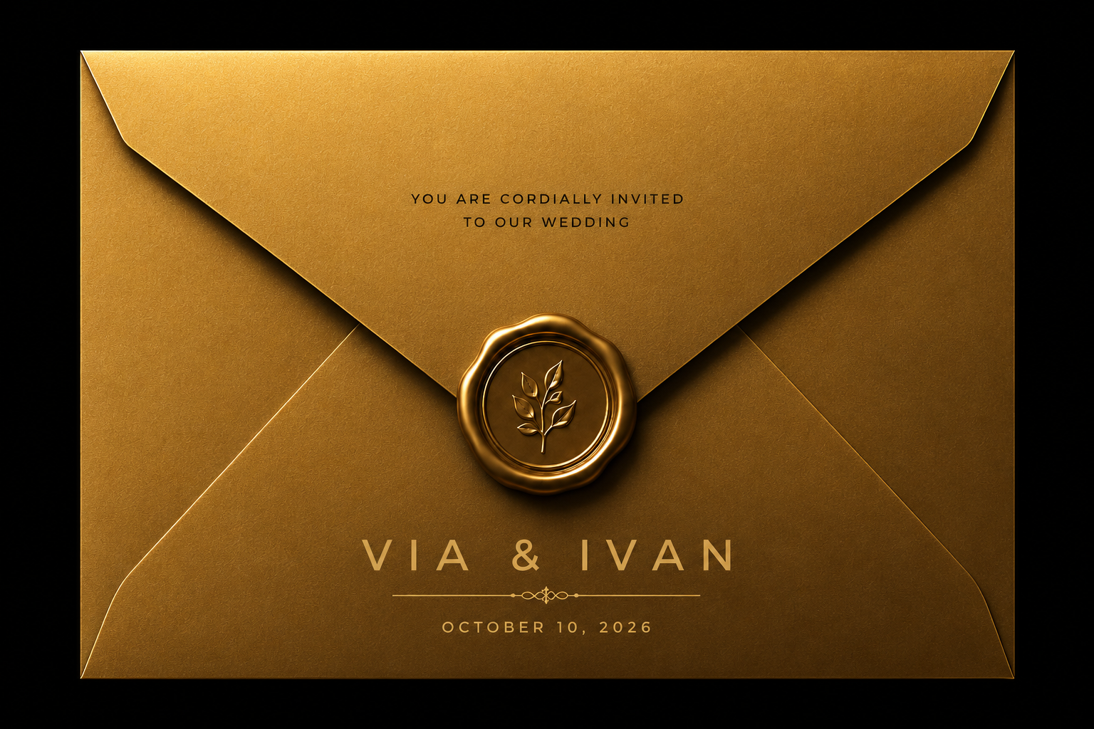 Gold wedding envelope for Via and Ivan